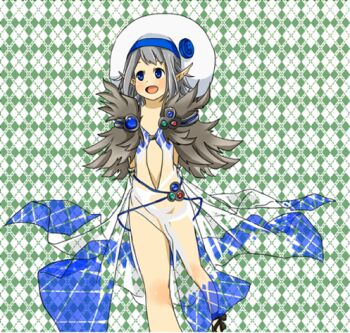 Rule 34 | 1girl, argyle background, argyle clothes, argyle dress, blue eyes, blush, commentary request, dress, foot out of frame, fur collar, green background, green eyes, hat, looking afar, lowres, meiko (nattu303), open mouth, pointy ears, ragnarok online, see-through clothes, see-through dress, short hair, side slit, sleeveless, sleeveless dress, smile, solo, sorcerer (ragnarok online), tam (ragnarok online), white hat
