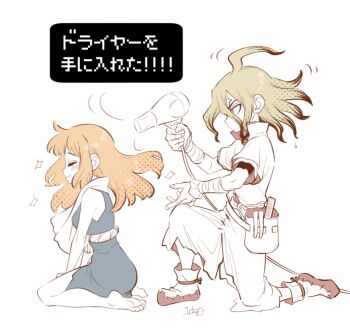 Rule 34 | 1boy, 1girl, :3, ahoge, artist name, bandaged arm, bandages, barefoot, blonde hair, blue dress, blush, closed eyes, closed mouth, dr. stone, dress, drying, drying hair, full body, hair dryer, hetero, implied hetero, ishigami senkuu, kneeling, kohaku (dr. stone), long hair, multicolored hair, ninomae gin, on one knee, orange hair, simple background, sitting, smile, sparkle, wet, wet hair, white background