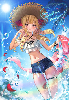1girl :p blonde_hair blonde_ojousama_(sagix) blue_sky commentary_request commission crop_top denim denim_shorts drill_hair hat highres long_hair looking_at_viewer madopen navel original petals red_eyes short_shorts shorts skeb_commission sky smile solo splashing straw_hat summer sun sunlight thigh_strap tongue tongue_out water