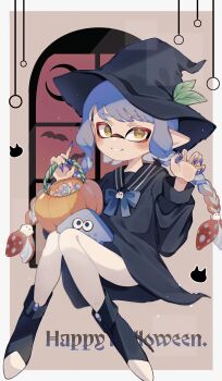 1girl absurdres bat_(animal) black_hat blue_bow blue_bowtie blue_hair blue_nails border bow bowtie braid claw_pose commentary crescent_moon gradient_hair happy_halloween hat highres inkling inkling_girl inkling_player_character leaf long_hair moon multicolored_hair nintendo pointy_ears pumpkin red_hair sitting smile solo splatoon_(series) splatoon_3 squid stuffed_toy teeth twin_braids two-tone_hair white_border window witch_hat yellow_eyes yn_uo0