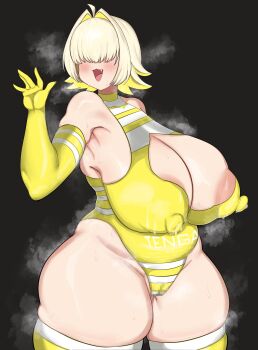 1girl :3 ahoge areola_slip black_background blonde_hair blush breasts cameltoe censored cleavage cleavage_cutout clothing_cutout covered_erect_nipples covered_eyes elbow_gloves elegg_(nikke) fang gloves goddess_of_victory:_nikke hair_intakes hair_over_eyes highleg highleg_one-piece_swimsuit huge_breasts hwanh one-piece_swimsuit open_mouth plump pussy_juice short_hair skindentation smile solo standing steaming_body sweat swimsuit tenga thick_thighs thighhighs thighs waving wide_hips yellow_gloves yellow_one-piece_swimsuit yellow_thighhighs