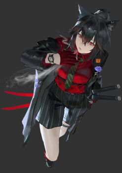 Rule 34 | 1girl, absurdres, animal ears, arknights, black coat, black necktie, black shoes, black shorts, cigarette, coat, collared shirt, commentary, diagonal-striped clothes, diagonal-striped necktie, gloves, hair between eyes, highres, holding, holding cigarette, katana, long hair, looking at viewer, necktie, open clothes, open coat, ponytail, red eyes, red gloves, red shirt, shirt, shoes, short shorts, shorts, sidelocks, smoking, solo, striped clothes, sword, texas (arknights), watch, weapon, wolf ears, wolf girl, wristwatch, xiaoye eago