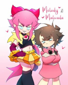 2girls annabird2520 bow brawl_stars brown_hair character_name crop_top crossed_arms gradient_background kneehighs looking_at_viewer melodie_(brawl_stars) multiple_girls navel non-web_source oversized_clothes oversized_shirt pink_hair shirt sidelocks skirt smile socks