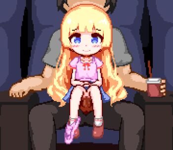 1boy 1girl age_difference animated animated_gif black_hair blonde_hair blue_eyes blue_skirt blush brown_shoes casual casual_sex censored chair clothed_sex cum cum_in_pussy cum_overflow dark ejaculation faceless faceless_male girl_on_top glance head_out_of_frame hetero hinainf indoors loli long_hair looking_to_the_side lowres miniskirt moaning mosaic_censoring movie_theater multitasking open_mouth orgasm original panties panties_around_leg pants panty_pull penis pink_panties pink_shirt pixel_art pussy sex sex_from_behind shirt shoes short_hair short_sleeves sitting sitting_on_lap sitting_on_person size_difference skirt socks solo_focus spread_legs stealth_sex underwear vaginal white_socks