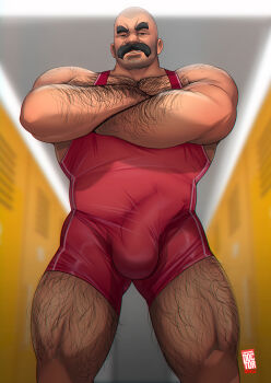 1boy 2023 absurdres arm_hair beard_stubble black_eyes broad_shoulders chest_hair crossed_arms doctor_anfelo erection facial_hair highres large_testicles leg_hair legs locker locker_room looking_at_viewer male_focus muscular muscular_arms muscular_legs mustache original penis red_wrestling_singlet shaved_head signature standing strongman_waist stubble testicles thick_eyebrows thick_mustache thighs wrestling_outfit wrestling_singlet