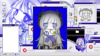 1girl atashi_janai_(ace_studio) bags_under_eyes blood blood_bag blue_eyes blunt_bangs bright_pupils chibi chibi_inset closed_mouth commentary_request cursor desktop_(computing) doodles english_text error_message frown headphones highres icon_(computing) indie_utaite internet_explorer long_hair looking_at_viewer microsoft_paint_(software) multiple_views n_(utaite) neck_brace neckerchief purple_neckerchief recycle_bin shirt short_sleeves u-m_(u_mwaumai) utaite white_hair white_pupils white_shirt window_(computing) desktop_(computing)