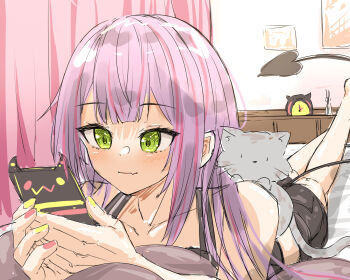 Rule 34 | 1girl, black shirt, black shorts, closed mouth, commentary request, demon girl, demon tail, fang, green eyes, highres, holding, holding phone, hololive, looking at viewer, lying, multicolored hair, multicolored nails, nail polish, on stomach, phone, pink hair, pink nails, purple streaks, shirt, shorts, skin fang, smile, solo, streaked hair, tail, tokoyami towa, tokoyami towa (1st costume), u da desu, virtual youtuber, yellow nails