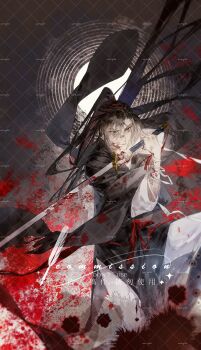 Rule 34 | 1boy, bandaged arm, bandages, bishounen, black hair, black hanfu, blood, blood on arm, blood on clothes, blood on face, blood on hands, blood splatter, bloody weapon, chinese clothes, closed mouth, fighting stance, floating clothes, floating hair, grey eyes, grey pants, hair between eyes, hanfu, hashtag-only commentary, highres, holding, holding sword, holding weapon, jian (weapon), liuche79871650, long hair, long sleeves, looking at viewer, male focus, modao zushi, on one knee, pants, ponytail, red sash, robe, sample watermark, sash, sidelocks, solo, suibian sword, sword, sword tassel, tassel, watermark, watermark grid, weapon, wei wuxian, wide sleeves