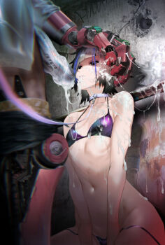 1futa 1girl bare_shoulders bikini black_eyes black_hair breasts chromatic_aberration closed_mouth collarbone cum cum_on_body cum_on_hair cum_string dripping eyeshadow facial futanari grey_hair hand_on_another&#039;s_head highres leash looking_up makeup mapyuhin_za_puremiyamu mechanical_arms mechanical_legs mechanical_penis multicolored_hair navel original penis purple_bikini purple_eyeshadow purple_hair railing science_fiction single_mechanical_arm single_mechanical_leg small_breasts streaked_hair swimsuit viewer_holding_leash