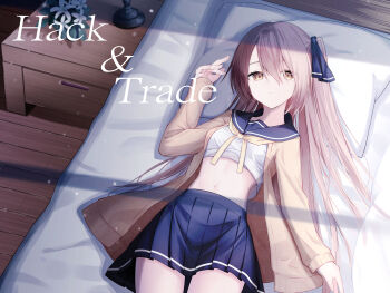 1girl absurdres bed blue_ribbon blue_sailor_collar blue_skirt brown_eyes brown_hair brown_jacket closed_mouth commentary_request crop_top english_text eyebrows_hidden_by_hair flower hair_between_eyes hair_ribbon highres indoors jacket long_hair long_sleeves looking_at_viewer lying midriff navel nightstand nishina_kakeri on_back on_bed one_side_up open_clothes open_jacket original pillow pleated_skirt puffy_long_sleeves puffy_sleeves ribbon sailor_collar skirt sleeves_past_wrists solo very_long_hair white_flower wooden_floor