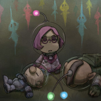 Rule 34 | 1girl, 2boys, alph (pikmin), backpack, bag, big nose, blue gloves, blue hair, blue pikmin, brittany (pikmin), brown hair, buttons, charlie (pikmin), commentary request, defeat, dirty, dirty clothes, empty eyes, eyelashes, freckles, frown, game over, gauge, ghost, glasses, gloves, grass, green bag, green gloves, helmet, kneeling, lying, miniskirt, mohawk, multiple boys, naru (wish field), nintendo, on back, on stomach, open mouth, pikmin (creature), pikmin (series), pink-framed eyewear, pink gloves, pink hair, pink light, pink skirt, purple eyes, radio antenna, red pikmin, short hair, skirt, smoke, space helmet, spacesuit, tan, triangular eyewear, unconscious, very short hair, whistle, yellow pikmin