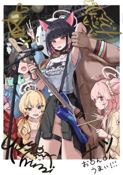 1boy 4girls :d after-school_sweets_club_(blue_archive) ahoge airi_(band)_(blue_archive) airi_(blue_archive) animal_ears arm_up armpits black_collar black_hair black_jacket black_mask blonde_hair blue_archive blue_jacket blunt_bangs blush border breasts brown_eyes brown_hair cat_ears cellphone clothes_around_waist collar colored_inner_hair covered_erect_nipples doodle_sensei_(blue_archive) drumsticks earrings fake_photograph female_pubic_hair full-face_blush green_halo hair_bun hair_ornament hairclip halo highres holding holding_drumsticks holding_phone holding_plectrum jacket jacket_around_waist jewelry kazusa_(band)_(blue_archive) kazusa_(blue_archive) large_penis logo_print long_hair looking_at_viewer low_twintails mask mask_pull medium_breasts medium_hair mouth_mask multicolored_hair multiple_girls naked_jacket natsu_(band)_(blue_archive) natsu_(blue_archive) navel nipple_stimulation nipple_stimulation_through_clothes no_pants official_alternate_costume open_mouth peanut_mouth penis phone pink_hair pink_halo plectrum print_shirt pubic_hair red_eyes red_jacket saliva saliva_trail sawkm sensei_(blue_archive) shirt short_sleeves sidelocks small_breasts smartphone smile stage stomach surgical_mask t-shirt thigh_strap twintails v white_border white_shirt yellow_halo yellow_jacket yoshimi_(band)_(blue_archive) yoshimi_(blue_archive)