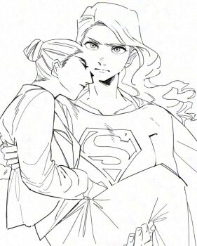 Rule 34 | 2girls, carrying, carrying person, closed eyes, gaugau7696, hair bun, kara danvers, lena luthor, lineart, long hair, multiple girls, princess carry, supergirl, supergirl (2015), superhero costume