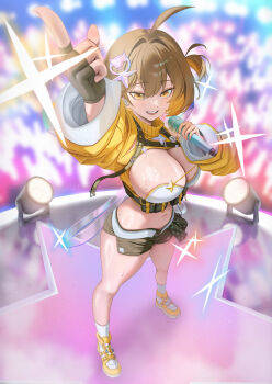 1girl absurdres ahoge anis_(nikke) black_gloves black_shorts blush breasts brown_hair cleavage cleavage_cutout clothing_cutout commentary_request fingerless_gloves gloves goddess_of_victory:_nikke hair_ornament highres holding holding_microphone jacket large_breasts looking_at_viewer microphone midriff navel open_mouth shoes short_hair shorts smile socks solo stage teeth white_socks wonfle10 yellow_jacket