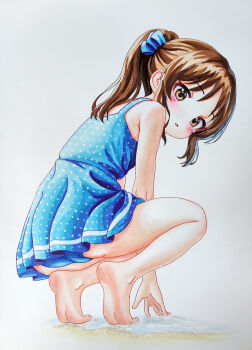 1girl absurdres armpit_crease arms_between_legs ass barefoot beach blue_one-piece_swimsuit blush brown_eyes brown_hair casual_one-piece_swimsuit child expressionless eyelashes feet female_focus flat_chest from_behind full_body hair_between_eyes hair_ornament heel_up highres idolmaster idolmaster_cinderella_girls idolmaster_cinderella_girls_u149 legs long_hair looking_at_viewer looking_back marker_(medium) matching_hair/eyes namco neck ocean official_alternate_costume official_alternate_hairstyle one-piece_swimsuit parted_lips ponytail sidelocks soles solmyr2000 squatting swimsuit tachibana_arisu toenails toes traditional_media turning_head