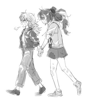 2girls alternate_costume bandaid bandaid_on_face bandaid_on_leg bandaid_on_nose closed_mouth commentary_request from_side greyscale hair_down holding holding_hands holding_stuffed_toy hood hoodie long_hair long_sleeves monochrome multiple_girls no_headwear open_mouth pants patchwork_clothes ponytail puff_of_air re_ghotion shirt shoes short_sleeves simple_background skirt stuffed_animal stuffed_cat stuffed_toy touhou walking white_background yorigami_jo'on yorigami_shion