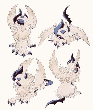 absol absurdres animal_focus asymmetrical_horns blue_horns body_fur claws closed_mouth feathered_wings full_body gen_3_pokemon hair_over_one_eye highres horns looking_at_viewer lying mega_absol mega_pokemon neck_fur newo_(shinra-p) nintendo no_humans on_stomach one_eye_covered pokemon pokemon_(creature) red_eyes simple_background tail uneven_horns white_fur white_hair white_wings wings