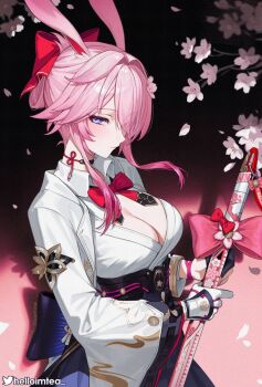 1girl asymmetrical_gloves black_gloves blue_eyes bow bowtie breasts cleavage closed_mouth commentary evanescia_(honkai:_star_rail) eyes_visible_through_hair from_side gloves gradient_background hair_bow hair_intakes hair_over_one_eye helloimtea highres holding holding_sword holding_weapon honkai:_star_rail honkai_(series) jacket large_breasts long_sleeves looking_at_viewer mismatched_gloves paid_reward_available pink_background pink_hair red_bow red_bowtie short_hair_with_long_locks sideways_glance solo sword twitter_username weapon white_gloves white_jacket