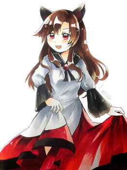 Rule 34 | 1girl, animal ears, bad id, bad pixiv id, blush, breasts, brown hair, commentary request, dress, imaizumi kagerou, long hair, maa (forsythia1729), one-hour drawing challenge, open mouth, red eyes, skirt hold, small breasts, smile, solo, touhou, traditional media, twitter username, very long hair, white dress, wolf ears, wolf girl