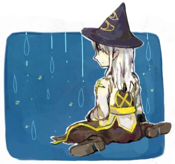 1girl 91s arch_bishop_(ragnarok_online) black_dress black_hat black_shoes blue_background closed_mouth commentary commentary_request dress english_commentary expressionless eye_print full_body grey_hair hat long_hair looking_afar lowres pointy_ears ragnarok_online sash shoes sitting solo two-tone_dress wariza water_drop white_dress witch_hat yellow_sash