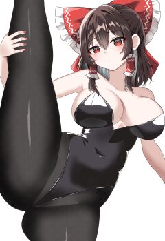 1girl absurdres black_leotard black_pantyhose bow breasts brown_hair expressionless hair_bow hakurei_reimu highres kiui_(dagk8254) large_breasts leotard looking_at_viewer pantyhose red_bow red_eyes simple_background solo split standing standing_on_one_leg standing_split strapless strapless_leotard touhou white_background
