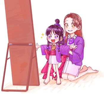 2girls :d ace_attorney aged_down barefoot bead_necklace beads black_hair brown_eyes brown_hair commentary grin hair_ornament hands_on_another&#039;s_shoulders hanten_(clothes) jacket japanese_clothes jewelry kimono kneeling light_blush magatama magatama_necklace maya_fey mia_fey mirror multiple_girls necklace obi open_mouth oyoyo_pe pink_kimono purple_eyes purple_jacket red_sash ring_hair_ornament sash siblings sisters smile sparkle sparkling_eyes sphere_hair_ornament t-pose topknot