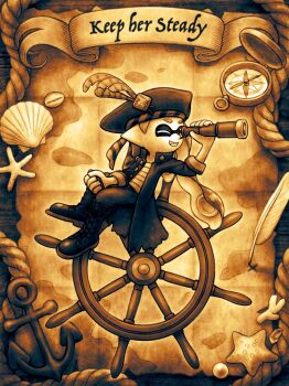 1girl black_boots black_hat black_jacket black_pants boots brown_eyes brown_hair commentary_request english_text fang flat_chest full_body grin hat hat_feather holding holding_telescope inkling inkling_girl inkling_player_character jacket knee_boots lace-up_boots limited_palette long_hair looking_through_scope midriff_sarashi mustard_pudding nintendo one_eye_closed open_clothes open_jacket pants pirate pirate_hat pointy_ears sarashi ship&#039;s_wheel sitting sleeves_rolled_up smile solo splatoon_(series) telescope tentacle_hair torn_clothes torn_jacket