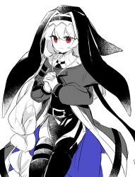 Rule 34 | 1girl, arknights, belt, braid, closed mouth, coif, feet out of frame, habit, hair between eyes, interlocked fingers, jewelry, long hair, long sleeves, necklace, nun, own hands clasped, own hands together, partially colored, pelvic curtain, red eyes, smile, solo, specter (arknights), thighhighs, very long hair, yun (dust-i1)