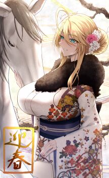 1girl absurdres ahoge artoria_pendragon_(fate) artoria_pendragon_(lancer)_(fate) blonde_hair blush braid breasts commentary_request fate/grand_order fate_(series) floral_print flower fur_collar green_eyes grin hair_between_eyes hair_bun hair_flower hair_ornament highres horse japanese_clothes kimono large_breasts long_hair long_sleeves obi sash shiroshisu sidelocks smile white_kimono wide_sleeves