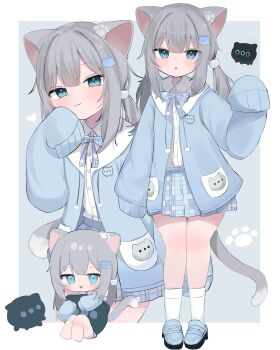 1girl absurdres animal_ears ankle_socks blue_jacket blue_shoes blue_skirt blush bow bowtie cat_ears cat_girl cat_tail chibi collared_shirt creature drawstring dress_shirt full_body grey_hair hair_ornament hashtag-only_commentary heart hennyano_(nachoneko) highres indie_virtual_youtuber jacket loafers looking_at_viewer low_twintails multiple_views nachoneko nekosakaaa open_clothes open_jacket parted_lips plaid_bow plaid_bowtie plaid_clothes plaid_skirt pleated_skirt shirt shoes skirt sleeves_past_fingers sleeves_past_wrists smug socks tail twintails virtual_youtuber white_shirt white_socks