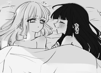... 2girls blush closed_eyes closed_mouth commentary_request facing_another fujiwara_no_mokou greyscale highres houraisan_kaguya long_hair looking_at_another lying monochrome multiple_girls nude on_side open_mouth sleepy smile squeans tamiko_(tamik0224) touhou translation_request under_covers yuri