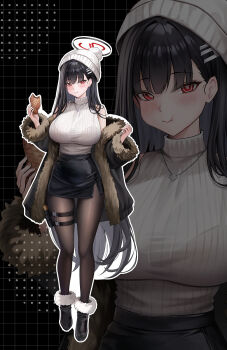 1girl :t alternate_costume bare_shoulders black_background black_bra black_hair black_halo black_pantyhose black_shoes black_skirt blue_archive blush bra bra_visible_through_clothes breasts bright_pupils brown_coat closed_mouth coat commentary eating food full_body fur-trimmed_coat fur_trim grid_background halo hand_up hands_up highres holding holding_food kottungyang large_breasts long_hair long_sleeves looking_at_viewer multicolored_halo multiple_thigh_straps pantyhose pencil_skirt red_eyes red_halo rio_(blue_archive) shirt shirt_tucked_in shoes skirt sleeveless sleeveless_shirt standing thigh_strap two-tone_halo underwear very_long_hair white_shirt zoom_layer