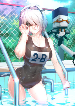 1girl blindfold blindfold_lift breasts cleavage closed_mouth covered_navel curvy day deathwingxiii female_focus fence goggles goggles_on_head groin hand_up highres holding in_water industrial_pipe large_breasts machine mole mole_under_mouth navel nier_(series) nier:automata one-piece_swimsuit pod_(nier:automata) pool print_swimsuit shiny_skin short_hair silver_hair smoking_pipe standing swimsuit thighs tile_wall tiles wading water wet wet_clothes wet_swimsuit 2b_(nier:automata)