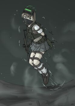 Rule 34 | 1girl, arms behind back, assault rifle, bdsm, bound, bound arms, brown hair, brown sweater vest, bulletproof vest, bullpup, empty eyes, gag, gagged, goggles, goggles on head, grafhou, grey eyes, gun, improvised gag, loafers, medium hair, misaka imouto, night vision device, restrained, rifle, rope, school uniform, shibari, shoes, skirt, solo, summer uniform, suppressor, sweater vest, toaru kagaku no railgun, toaru majutsu no index, tokiwadai school uniform, weapon