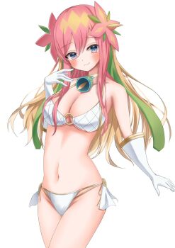 1girl asaka_dm bell bikini blonde_hair blue_eyes blush breasts cleavage duel_masters elbow_gloves flower gloves gold_trim green_hair_ornament hair_down hair_flower hair_ornament highres large_breasts long_hair looking_at_viewer mesh multicolored_eyes multicolored_hair navel neck_bell pink_eyes pink_hair rafululu_love_(duel_masters) simple_background solo swimsuit very_long_hair white_background white_bikini white_gloves