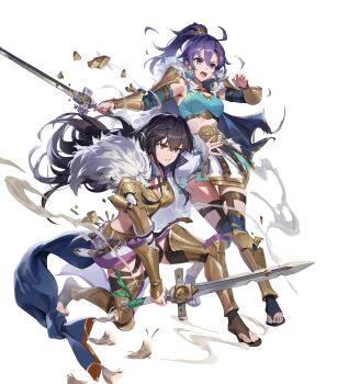 2girls armor black_hair breastplate breasts cleavage clenched_teeth damaged fir_(dual_warrior)_(fire_emblem) fir_(fire_emblem) fire_emblem fire_emblem:_the_binding_blade fire_emblem:_the_blazing_blade fire_emblem_heroes gladiator_sandals highres holding holding_sword holding_weapon karla_(dual_warrior)_(fire_emblem) karla_(fire_emblem) long_hair medium_breasts mother_and_daughter multiple_girls navel nintendo non-web_source official_alternate_costume official_art open_mouth ponytail purple_hair sandals sword teeth torn v-shaped_eyebrows very_long_hair weapon