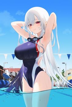 1girl absurdres air_bubble armpits arms_behind_head arms_up back_cutout blue_one-piece_swimsuit blue_sky blush breasts bubble building cat closed_mouth clothing_cutout cloud commentary_request constellation_print covered_navel day earendel_(jishenkong_jihua) goggles goggles_around_neck gradient_hair hair_between_eyes hair_lift highleg highleg_one-piece_swimsuit highres indie_virtual_youtuber jishenkong_jihua lamppost large_breasts long_hair looking_ahead multicolored_hair one-piece_swimsuit outdoors pool purple_hair red_eyes restia_(streamer) ri_qing sideboob sky smile solo standing swimsuit thighs tree very_long_hair virtual_youtuber wading water wet white_hair