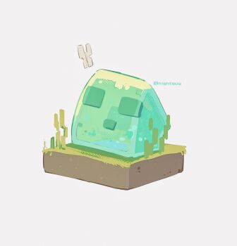 artist_name bug butterfly chinese_commentary commentary_request dirt film_grain grass halftone highres hightguy insect isometric looking_up minecraft minecraft_(style) no_humans simple_background slime_(minecraft) solo white_background