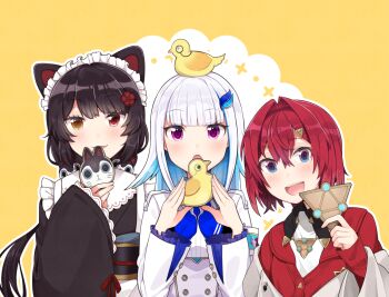 3girls :d :o ange_katrina ange_katrina_(1st_costume) animal animal_ears animal_hair_ornament animal_on_head bird bird_on_head black_hair black_kimono black_sash blue_eyes blue_hair blue_neckerchief blunt_bangs blush buttons cardigan colored_inner_hair commentary_request crossed_bangs dog_ears dog_girl double-breasted eyelashes fangs flower frilled_sleeves frills gradient_eyes group_picture hair_between_eyes hair_flower hair_intakes hair_ornament hand_up hands_up heterochromia holding inui_toko inui_toko_(1st_costume) japanese_clothes kimono lize_helesta lize_helesta_(1st_costume) long_hair long_sleeves looking_at_viewer maid_headdress mitsumine_(ookami_no_oyashiro) monocle multicolored_eyes multicolored_hair multiple_girls neckerchief nibbling nijisanji obi obiage obijime off_shoulder on_head open_mouth outline purple_eyes red_cardigan red_eyes red_hair sanbaka_(nijisanji) sash sebastian_piyodore short_hair shrug_(clothing) sleeves_past_wrists smile streaked_hair teeth textless_version triangle_hair_ornament two-tone_hair upper_teeth_only virtual_youtuber white_hair white_headdress white_outline white_shrug yellow_background yellow_bird yellow_eyes
