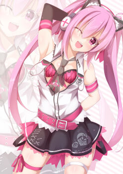 1girl ;d absurdres animal_ears beatmania_iidx belt bemani black_skirt blush bra breasts cat_ears cleavage commentary_request cowboy_shot ex_takehito gothic_punk headphones highres long_hair looking_at_viewer medium_breasts mizushiro_celica mizushiro_celica_(punk_cat) necktie official_alternate_costume one_eye_closed open_clothes open_mouth open_shirt pink_bra purple_eyes purple_hair shirt skirt skull_print sleeveless sleeveless_shirt smile solo twintails underwear very_long_hair white_shirt zoom_layer