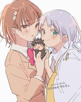 1boy 2girls animal_costume black_hair bow bowtie brown_eyes brown_hair brown_jacket chibi collared_shirt commentary_request green_eyes grey_hair hair_ornament hairpin highres himaneko. index_(toaru_majutsu_no_index) jacket kamijou_touma long_hair medium_hair misaka_mikoto multiple_girls red_bow red_bowtie reindeer_costume robe safety_pin school_uniform shirt short_hair smile toaru_majutsu_no_index tokiwadai_school_uniform twitter_username white_background white_robe white_shirt winter_uniform