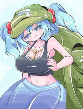 Rule 34 | 1girl, :>, backpack, bag, black tank top, blue background, blue hair, blue pants, blush, breasts, bright pupils, cleavage, closed mouth, commentary, dollar sign, flat cap, green hat, groin, hair bobbles, hair ornament, hat, highres, kawashiro nitori, kurakurasiteru, large breasts, looking at viewer, midriff, navel, pants, short hair, simple background, smile, solo, star (symbol), sweat, tank top, touhou, two side up, white pupils
