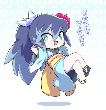 1girl arms_up bare_legs blue_kimono blush bright_pupils commentary_request crossed_legs floating flower fubukihime green_eyes hair_flower hair_ornament high_ponytail japanese_clothes kimono long_hair looking_at_viewer multicolored_hair nollety open_mouth ponytail sandals simple_background sitting solo traditional_youkai translated two-tone_hair white_pupils youkai_(youkai_watch) youkai_watch yuki_onna zouri