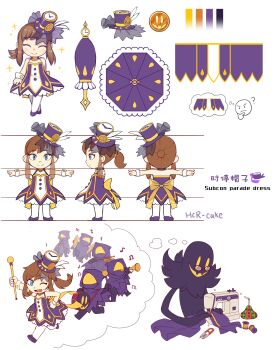 1boy 1girl :3 ? a_hat_in_time absurdres alternate_costume artist_name back_bow bare_shoulders bass_drum beamed_eighth_notes bendy_straw bow bow_(music) brown_hair child chinese_commentary choker clarinet clippers closed_eyes closed_mouth closed_umbrella color_guide commentary_request cymbals dress drinking_straw drum drumsticks eighth_note english_text glasses h_ikenuma hair_tie hand_on_own_chin hat hat_kid highres holding holding_baton holding_bow_(music) holding_drumsticks holding_instrument holding_trumpet holding_violin instrument long_hair looking_at_viewer marching marching_band_baton mini_hat mini_top_hat minion_(a_hat_in_time) music musical_note one_eye_closed open_mouth pantyhose playing_instrument ponytail purple_choker purple_dress purple_hat purple_hood purple_poncho purple_shoes purple_umbrella quarter_note red-framed_eyewear sewing sewing_machine shoes sidelocks smile snatcher_(a_hat_in_time) spaghetti_strap speech_bubble spool t-pose thought_bubble top_hat translation_request trumpet umbrella violin white_background white_pantyhose white_wrist_cuffs wrist_cuffs yellow_bow