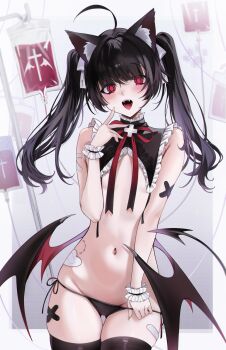1girl ahoge animal_ear_fluff animal_ears bandaid bandaid_on_arm bandaid_on_thigh bite_mark black_hair black_panties black_thighhighs black_wings blood blood_bag blush border cat_ears collar commentary_request cowboy_shot cross crossed_bandaids demon_girl demon_tail demon_wings fangs flat_chest frilled_collar frilled_wristband frills gluteal_fold hair_ornament hair_ribbon hand_up highres legs_together long_hair looking_at_viewer low_wings navel neck_ribbon ompf open_mouth original outside_border panties red_eyes red_ribbon ribbon side-tie_panties solo standing string_panties tail thigh_gap thighhighs twintails underwear vampire white_border white_ribbon wings