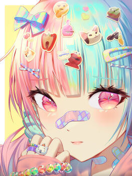 1girl bad_id bad_pixiv_id bandaid bandaid_on_face bandaid_on_neck bandaid_on_nose blue_hair bow close-up closed_mouth dai_nikucho decora doge elmo emoji hair_bow hair_ornament hairclip hand_up heart highres light_blush looking_at_viewer meme multicolored_hair original pepe_the_frog pink_eyes pink_hair pop_cat_(meme) solo sticker two-tone_hair