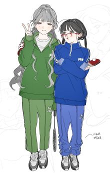 Rule 34 | 2girls, adachi koto (junro), armband, black hair, blue jacket, blue pants, blunt bangs, crossed arms, doodle inset, flat color, glasses, grey footwear, grey hair, hand up, highres, holding, holding racket, jacket, junro, light smile, long hair, looking at another, looking at viewer, mole, mole under mouth, multiple girls, original, pants, racket, red-framed eyewear, red armband, shirt, shoes, side-by-side, sketch, sleeves past wrists, sneakers, standing, twintails, v, wavy hair, white background, white shirt, yellow jacket, yellow pants