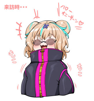 blonde_hair colored_bangs colored_eyelashes colored_tips glasses highres jacket konoshige_(ryuun) mesugaki multicolored_hair original translation_request western_brat_(konoshige) zipper