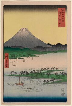 19th_century 3others ando_hiroshige beach boat coast fine_art_parody gradient_sky highres japan mount_fuji mountain multiple_others nihonga original outdoors parody sail scenery sky thirty-six_views_of_mount_fuji_(hiroshige) traditional_media translation_request tree ukiyo-e volcano watercraft yellow_sky