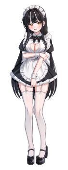 Rule 34 | 1girl, absurdres, apron, black bow, black bowtie, black dress, black hair, black ribbon, black shoes, bow, bowtie, breasts, cleavage, commentary request, dress, frilled apron, frills, full body, garter straps, hair ribbon, hand on own arm, high heels, highres, hiyayo25, indie virtual youtuber, korean commentary, large breasts, long hair, maid apron, maid headdress, merchandise available, mole, mole on breast, mole on thigh, mole under eye, moongdoongi, multicolored hair, puffy short sleeves, puffy sleeves, ribbon, shoes, short sleeves, sidelocks, simple background, solo, streaked hair, sweat, thighhighs, very long hair, virtual youtuber, white background, white hair, white thighhighs, white wrist cuffs, wrist cuffs, yellow eyes, zettai ryouiki